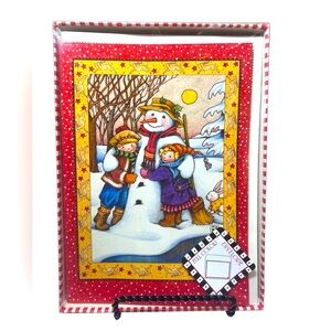 15 Vintage Christmas Cards Featuring a Snowman & Kids with Pattern Envelopes.